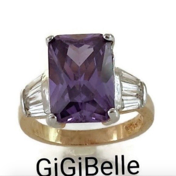 Art Deco Cocktail Ring Purple  Amethyst Cubic Zirconia Gold Size 10 - Picture 4 of 8